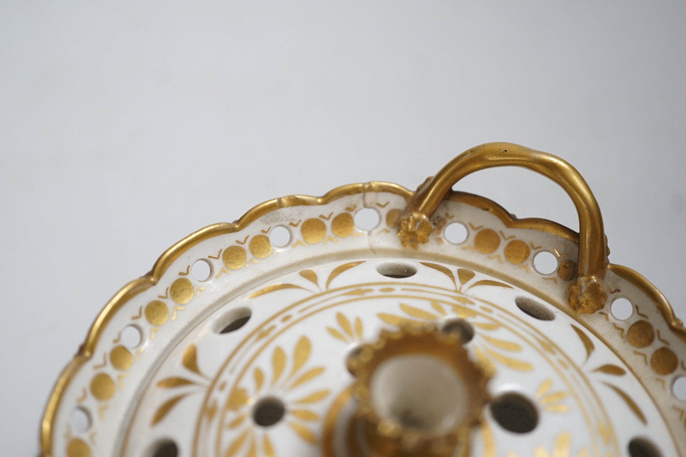 A Coalport pot pourri basket and cover painted with flowers, perhaps in the workshop of Thomas Baxter c.1805-10